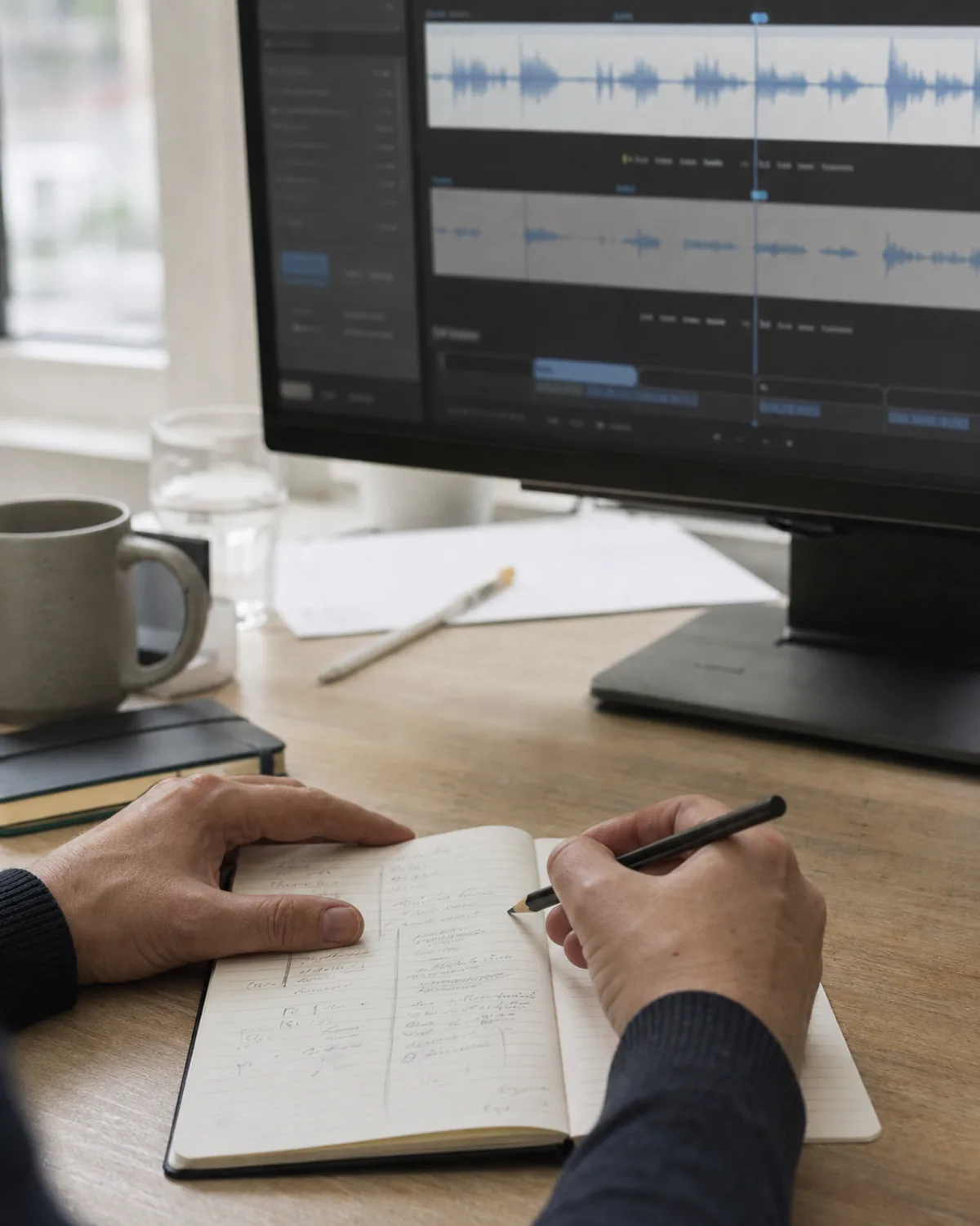 Hands reviewing conversation notes beside a waveform on a monitor
