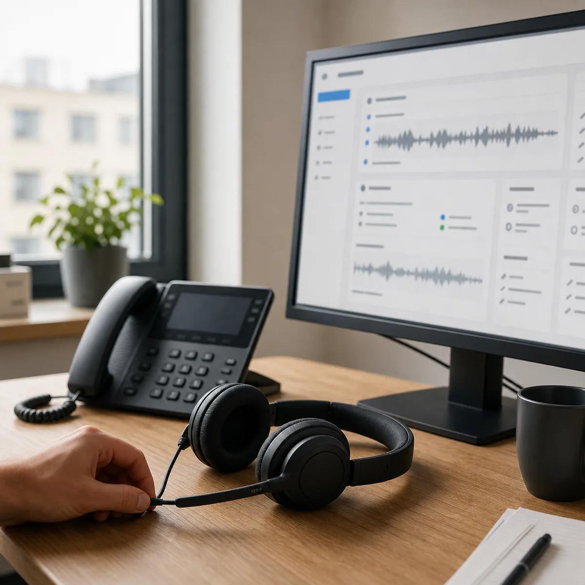 Headset and monitor with an abstracted conversation view at a workstation
