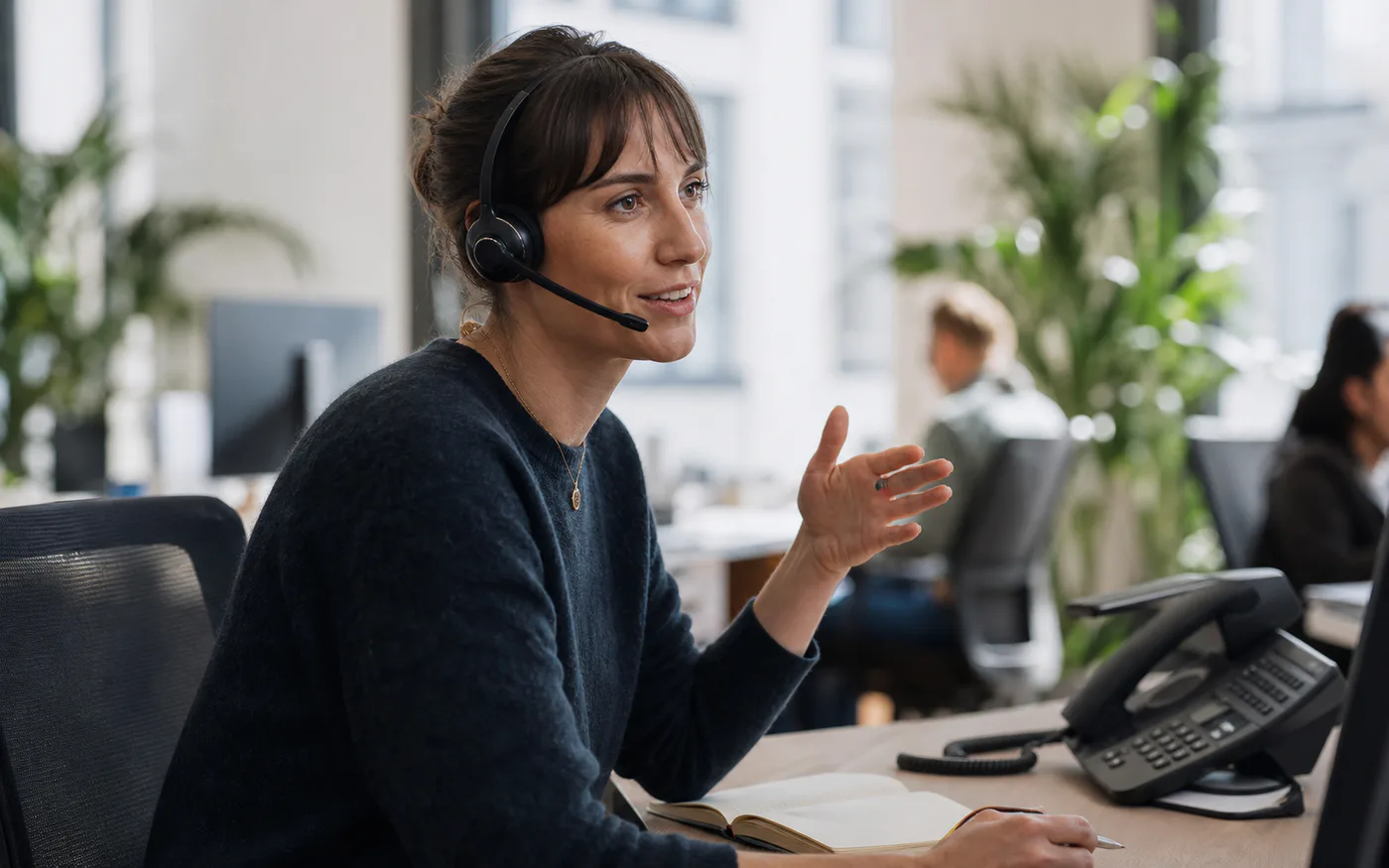 Friendly service specialist having a natural phone conversation with a headset