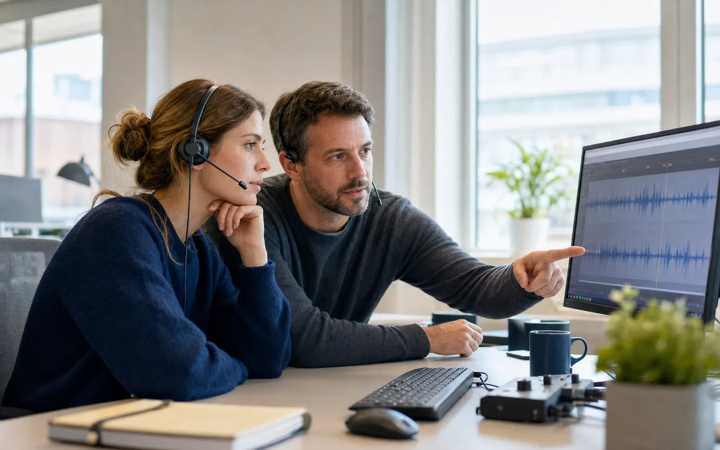 Product team reviewing a live voice conversation at a professional audio workstation